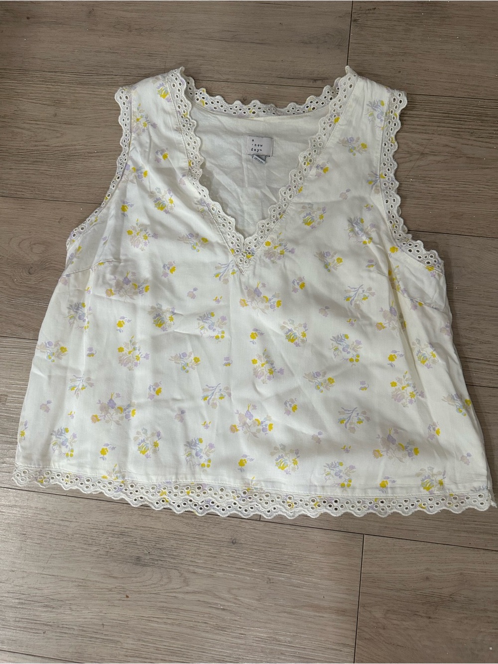 a new day White Floral Eyelet Trim V-Neck Tank with Yellow and Lavender Accents